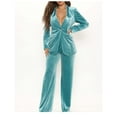 thumbnail image 1 of JGGSPWM Women Velvet Blazer Suit Office Formal Business Work Wear Long Sleeves Blazer 2-Piece Elastic Waist Long Trouser Outfit Light Blue L, 1 of 4