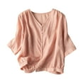 thumbnail image 1 of JGGSPWM Women Vintage Cotton Linen Blouse Short Sleeve V Neck Solid Color Plus Size Button down Flowy Design Cute Casual Comfy Tops Pink M, 1 of 9