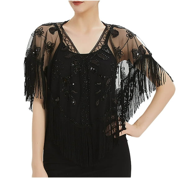 JGGSPWM Women Vintage Shirts Sequins Phoenix Tassel Cloak Floral Lace Embroidery Mesh Fringe Blouse Flowy Hem Tunic Tops Black One Size