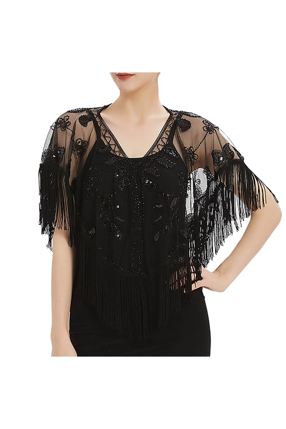 Women Vintage Shirts Sequins Phoenix Tassel Cloak Floral Lace Embroidery Mesh Fringe Blouse Flowy Hem Tunic Tops Black One Size