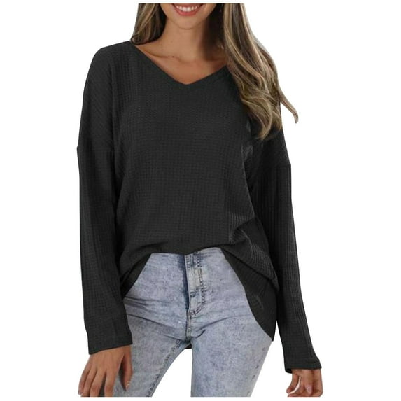 JGGSPWM Women Waffle Knit Tshirts V-Neck Long Sleeve Casual Relax Fit Loose Blouses Plain Lightweight Pullover Black M