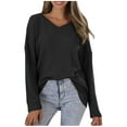 thumbnail image 1 of JGGSPWM Women Waffle Knit Tshirts V-Neck Long Sleeve Casual Relax Fit Loose Blouses Plain Lightweight Pullover Black XXL, 1 of 5