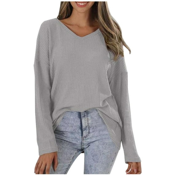JGGSPWM Women Waffle Knit Tshirts V-Neck Long Sleeve Casual Relax Fit Loose Blouses Plain Lightweight Pullover Gray L