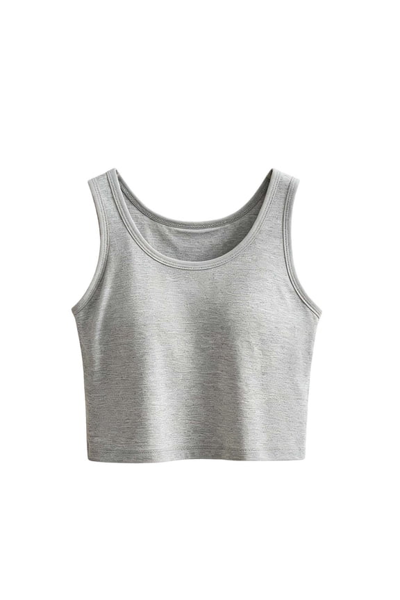 Women Wide Strap Ribbed Cropped Tank Tops With Built In Padded Summer Trendy Crop Top Tight Fit Basic Sleeveless Camisole Gray L