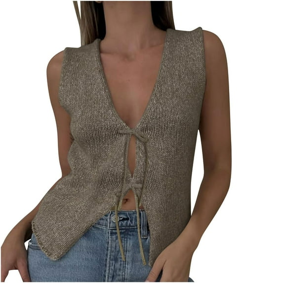 JGGSPWM Women Y2k Crochet Vest Top Vintage Front Tie Tops Going Out Tops Women Crochet Knit Vest Y2k Tie Up Open Front Sweater Vest Casual Summer Versatile Sleeveless V Neck Tank Crop Tops Khaki M
