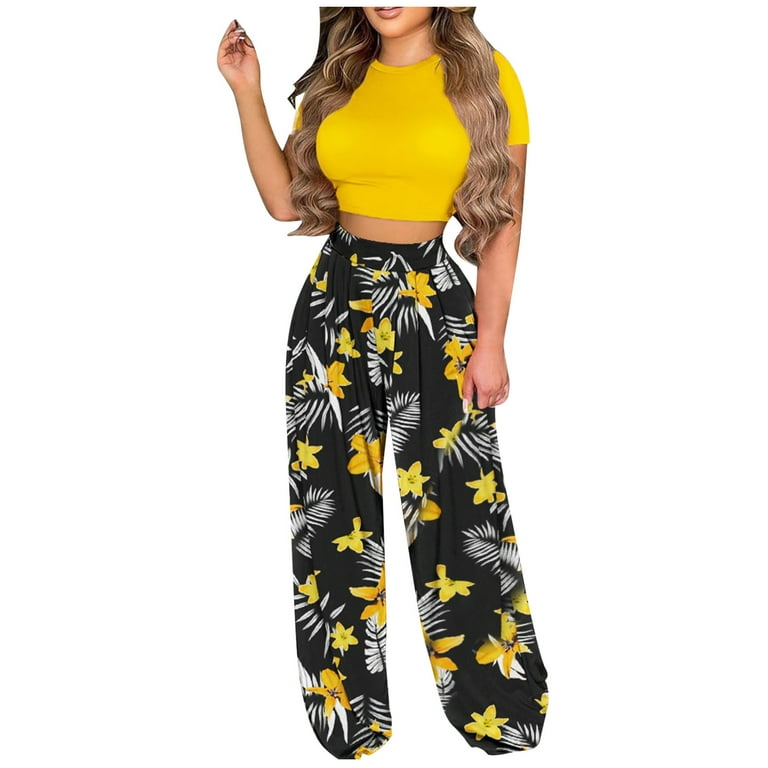 JGGSPWM Women's 2 Piece Floral Palazzo Pant Sets Short Sleeve Crewneck Crop  Tops Long Pants Metching Outfits Boho Style Vacation Going Out Set Yellow S  