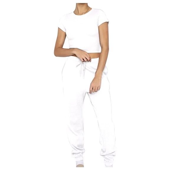 JGGSPWM Women's 2 Piece Outfits Casual Crew Neck Crop Tops Knit Wide Leg Sweatpants Sweater Lounge Set Sweatsuit White XL