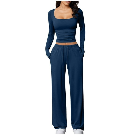JGGSPWM Women's 2 Piece Outfits Solid Color Long Sleeve Square Neck Crop Tops Wide Leg Tracksuits Casual Lounge Set Blue L