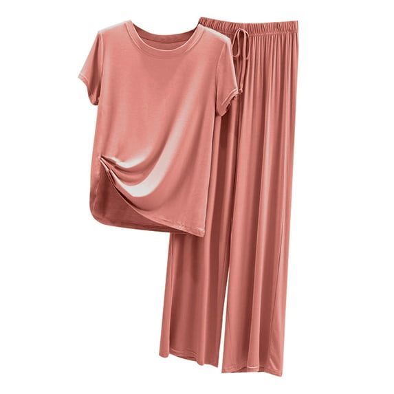 JGGSPWM Women's 2 Piece Outfits Summer Casual Short Sleeve Top and Drawstring Wide Leg Pants Cotton 2 Pieces Sets Pink L