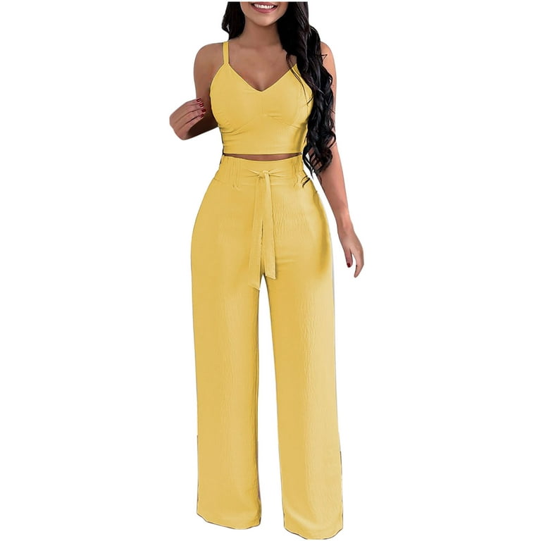 JGGSPWM Women's 2 Piece Outfits Sweetheart Neck Crop Cami Top Belted Wide  Leg Long Pants Summer Casual Going Out Set Yellow XL 