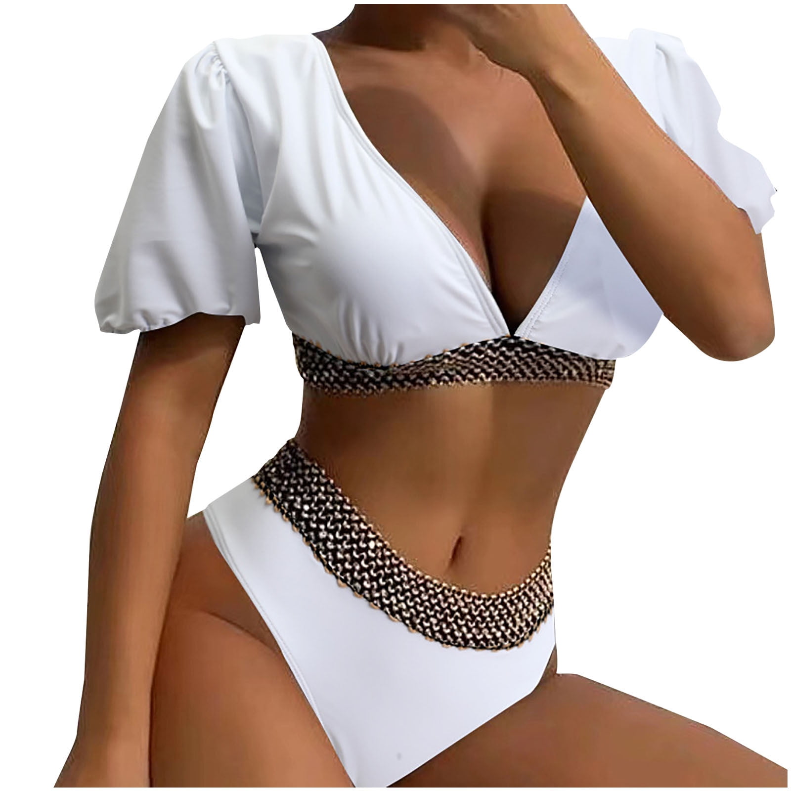 JGGSPWM Women's 2 Piece Puff Sleeve Swim Top High Waisted Bikini