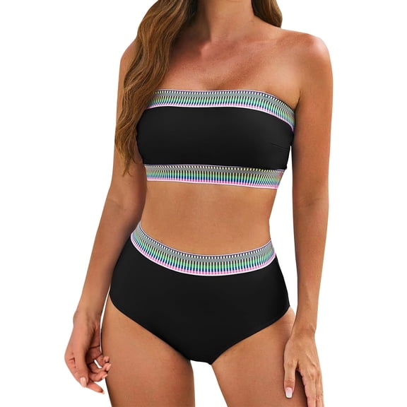JGGSPWM Women's 2 Pieces Bandeau Bikini Color Block Swimsuits Trendy Summer Off Shoulder High Waisted Bathing Suit Black S
