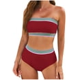 thumbnail image 1 of JGGSPWM Women's 2 Pieces Bandeau Bikini Color Block Swimsuits Trendy Summer Off Shoulder High Waisted Bathing Suit Red M, 1 of 4
