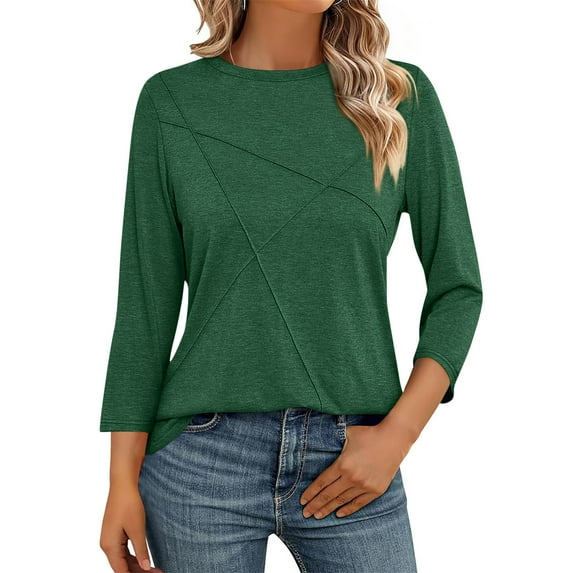 JGGSPWM Women's 3/4 Sleeve Crew Neck Summer Splicing Casual Loose Fit Basic Tees Blouses Army Green M