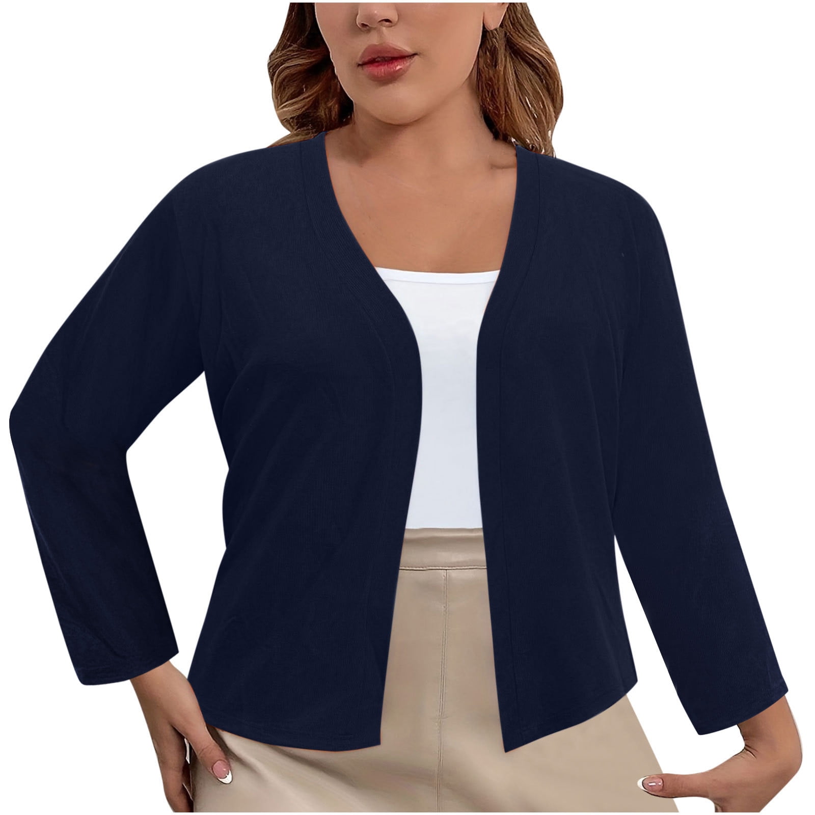 JGGSPWM Women s 3 4 Sleeve Cropped Cardigan Sweater Elegant Open Front Knit Shrug Long Sleeve Bolero Top Navy 001 2XL