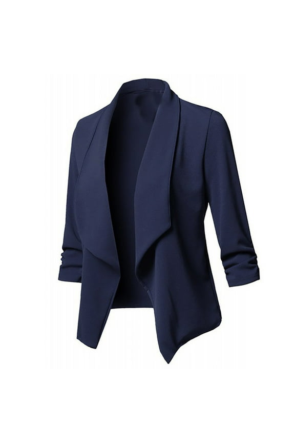 Women's 3/4 Sleeve Formal Business Bolero Blazer Jacket Open Front Cropped Cardigan Shrugs Navy XL