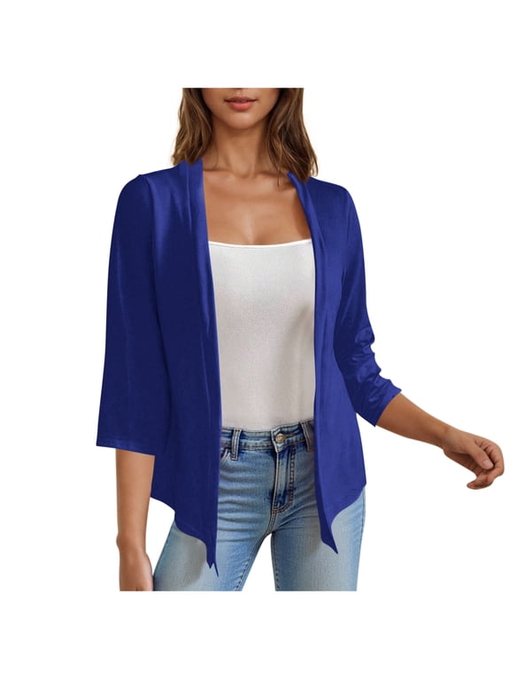 Women's 3/4 Sleeve Lightweight Cropped Cardigan Sweaters Open Front Short Solid Color Cardigan Tops Blue S
