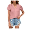 thumbnail image 1 of JGGSPWM Women's Adorable Comfortable Short Sleeve V Neck Solid Blouse Polka Dots T-shirts Chiffon Puff Sleeve Crochet Lace Comfortable Tops Pink M, 1 of 5