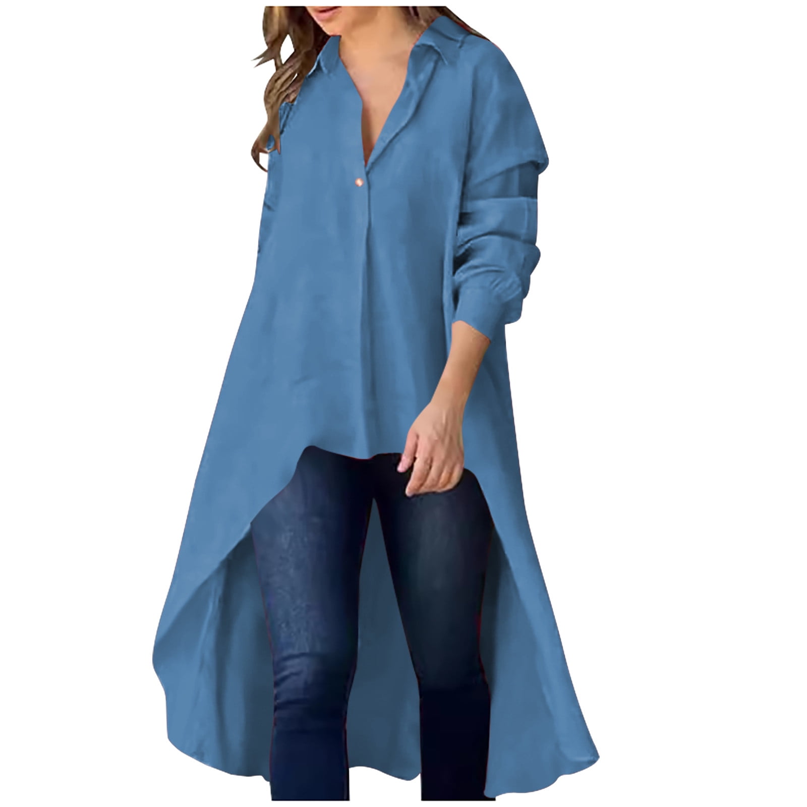 Solid V Neck Satin High Low Hem Blouse