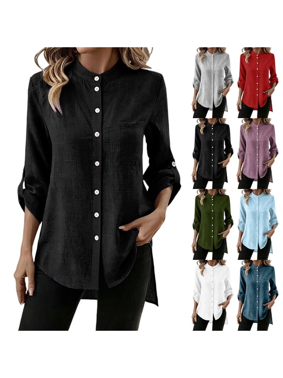 Women's Band Collar Shirt Button Down Long Sleeve Casual Office Work Top Trendy Dress Shirts Striped Blouse Red XL