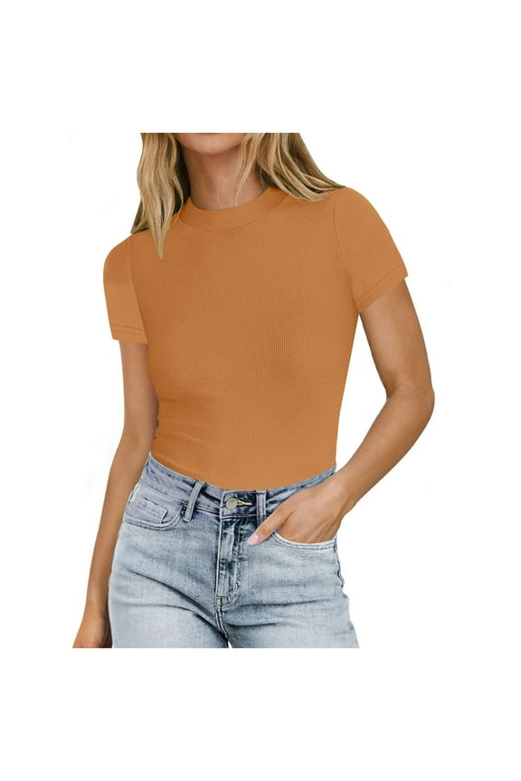 Women's Basic Mock Neck Short Sleeve Tshirts Summer Tops Slim Fit Casual Dressy Solid Color Tees Tunics Blouses Orange M