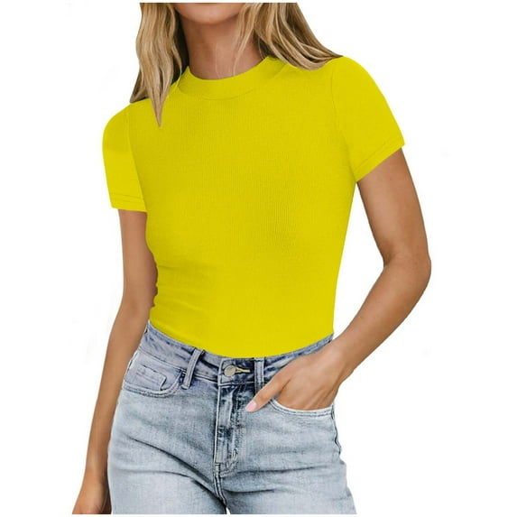 JGGSPWM Women's Basic Mock Neck Short Sleeve Tshirts Summer Tops Slim Fit Casual Dressy Solid Color Tees Tunics Blouses Yellow M