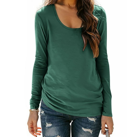 JGGSPWM Women's Basic Solid U Neck T-Shirts Loose Solid Color Long Sleeved Business Casual Tops Dressy Ruched Tunic Blouse Green L