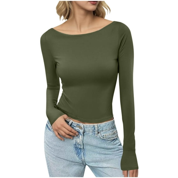 JGGSPWM Women's Boat Neck Tops Fashion Long Sleeve Shirts Casual Solid Color Fitted Tee Shirts Solid Color Fall Basic Clothes Green S