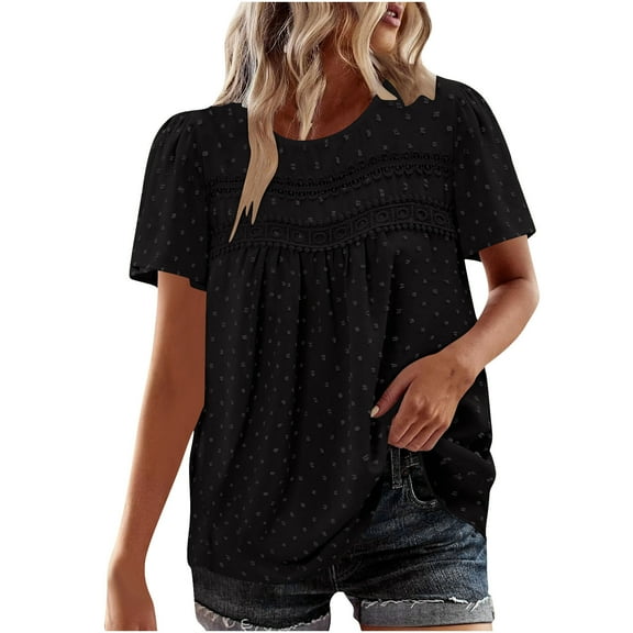 JGGSPWM Women's Boho Summer Short Sleeve Top with Lace Design Casual Solid Loose Fit Blouse Shirts Black M