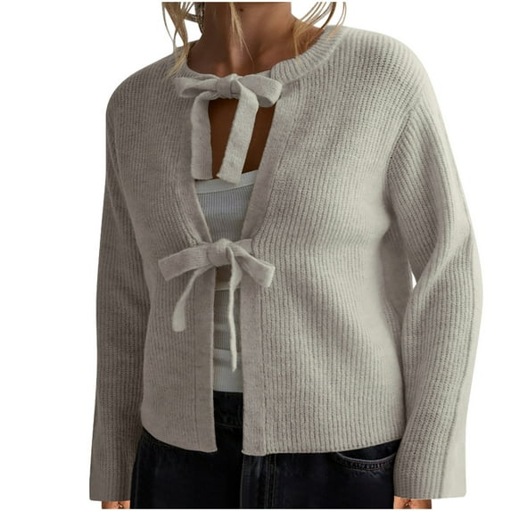 JGGSPWM Women's Bow Tie Front Y2K Knitted Sweater Puff Long Sleeve Babydoll Cardigan Vintage Crewneck Knitwear Top Beige L