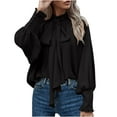 thumbnail image 1 of JGGSPWM Women's Bow Tie Neck Chiffon Blouse Shirt Back Keyhole Casual Long Lantern Sleeve Mock Neck Solid Color Tops Tee Black 2XL, 1 of 5