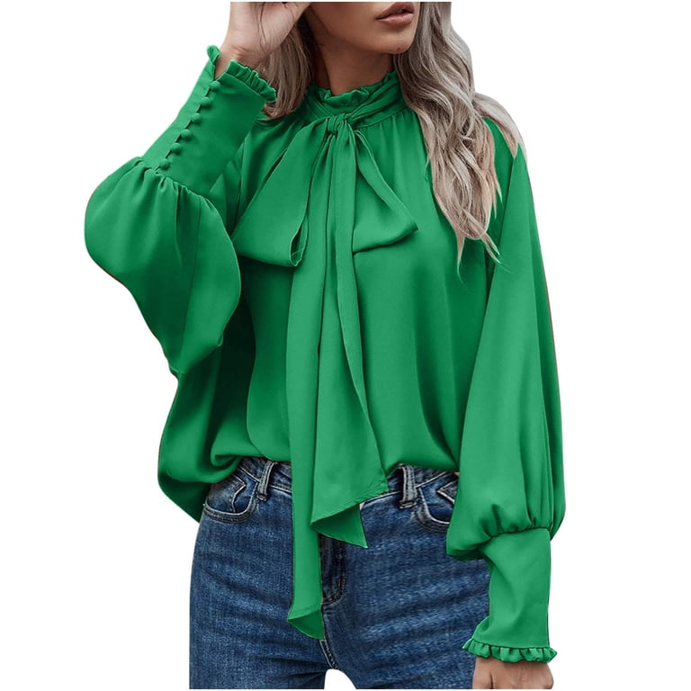 JGGSPWM Women's Bow Tie Neck Chiffon Blouse Shirt Back Keyhole