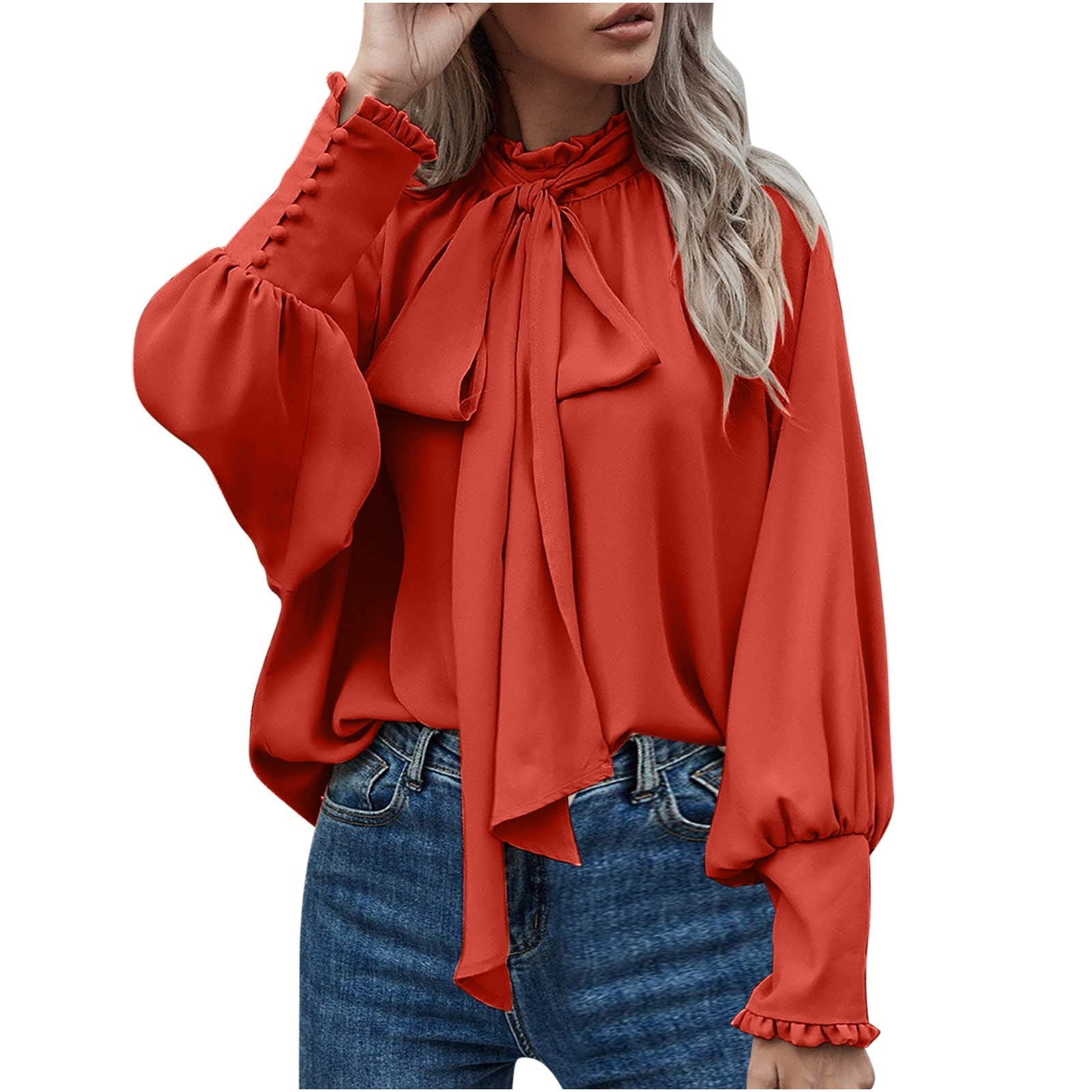 JGGSPWM Women's Bow Tie Neck Chiffon Blouse Shirt Back Keyhole