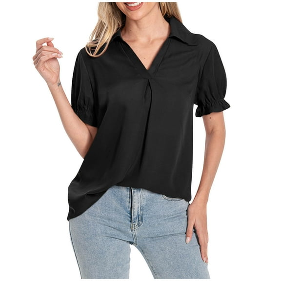 JGGSPWM Women's Business Casual Collared V-Neck Office Work Tunic Summer Trendy Chiffon Blouses Black S