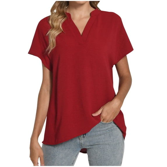 JGGSPWM Women's Business Casual Summer V-Neck Ruffle Short Sleeve Tunic Blouses Tops Red 2XL
