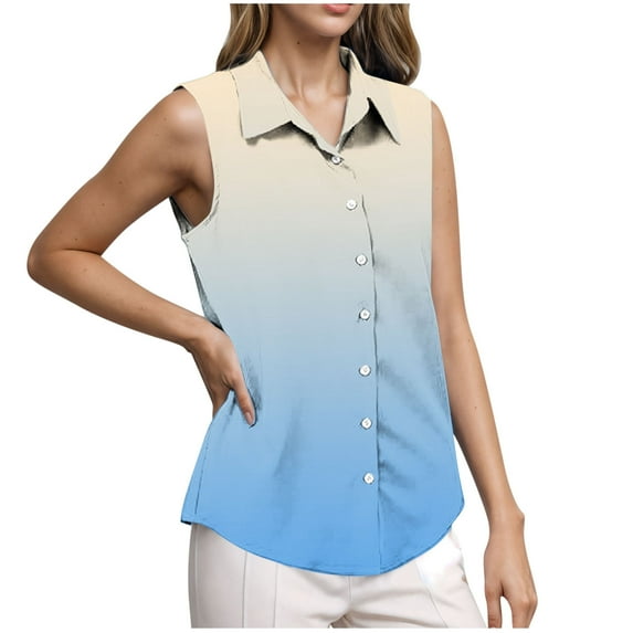 JGGSPWM Women's Business Tops Fashion Gradient Color Sleeveless Summer Shirts Button Down Casual Work Tunic Shirt Blue S