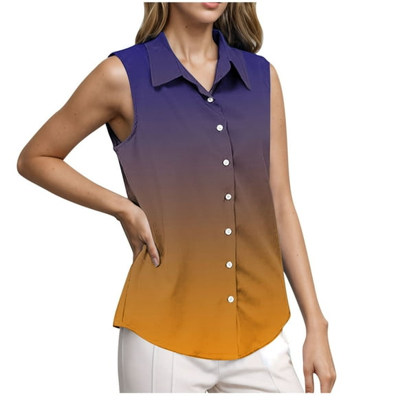 JGGSPWM Women's Business Tops Fashion Gradient Color Sleeveless Summer Shirts Button Down Casual Work Tunic Shirt Yellow M