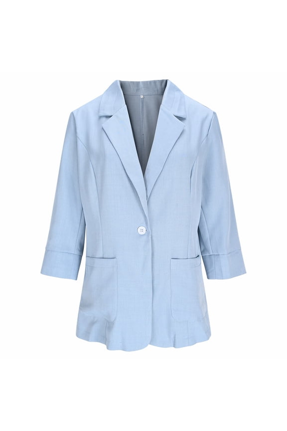 Women's Button Down 3/4 Sleeve Blazer Lapel Neck Dressy Suit Jacket Solid Color Casual Coat Cardigan Blouse Blue M