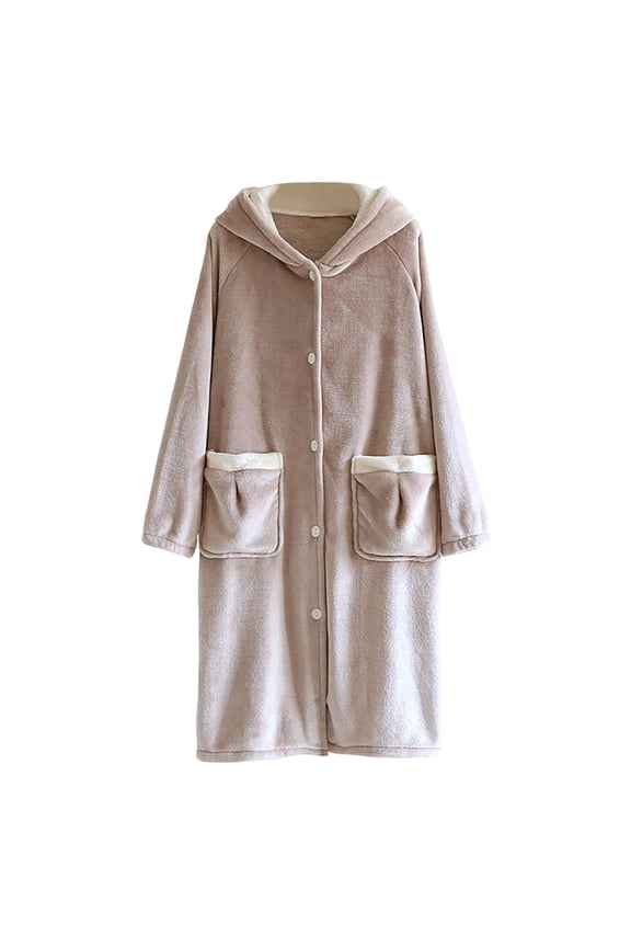 Women's Button Front Plush Fleece Hooded Robes Solid Color Nightgown Winter Loose Bathrobe Home Wear Nightgown Pink L