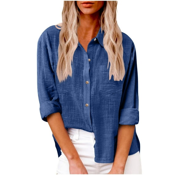 JGGSPWM Women's Button down Cotton Linen Shirts with V Neck Roll up Long Sleeves Loose Collared Blouses for Casual Work Tops Dark Blue S