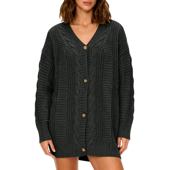 JGGSPWM Women's Cardigan Sweaters Cable Knit Solid Color Long Sleeved Cotton Fall Jackets Button Up Chunky Trendy Outfits Black S