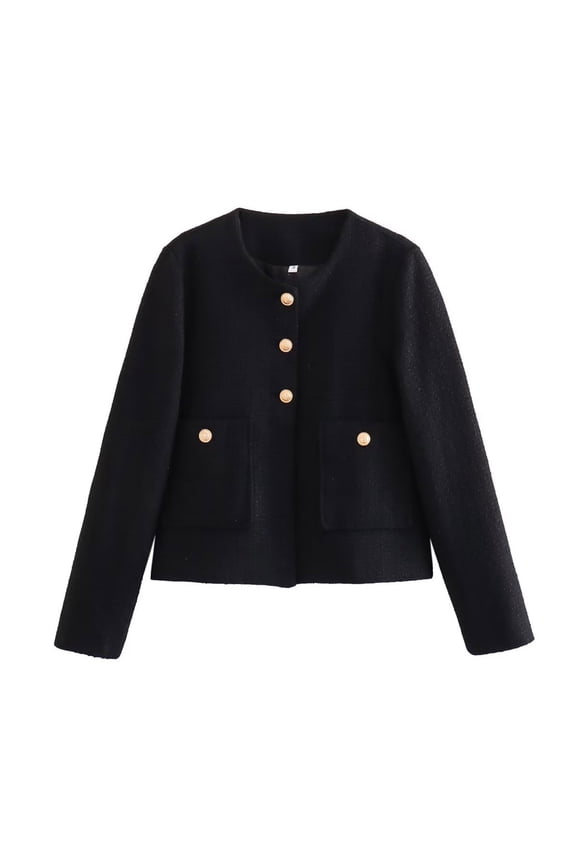 Women's Casual Blazers Button Jacket Cropped Crew Neck Open Front Slim Long Sleeve Jacket with Pockets Tweed Outerwear Black#/001 S