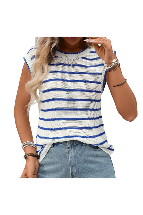 Women's Casual Fashion Summer Striped Sleeveless Sweater Vest Striped Crochet Knit Pullover Tank Tops Blue XL