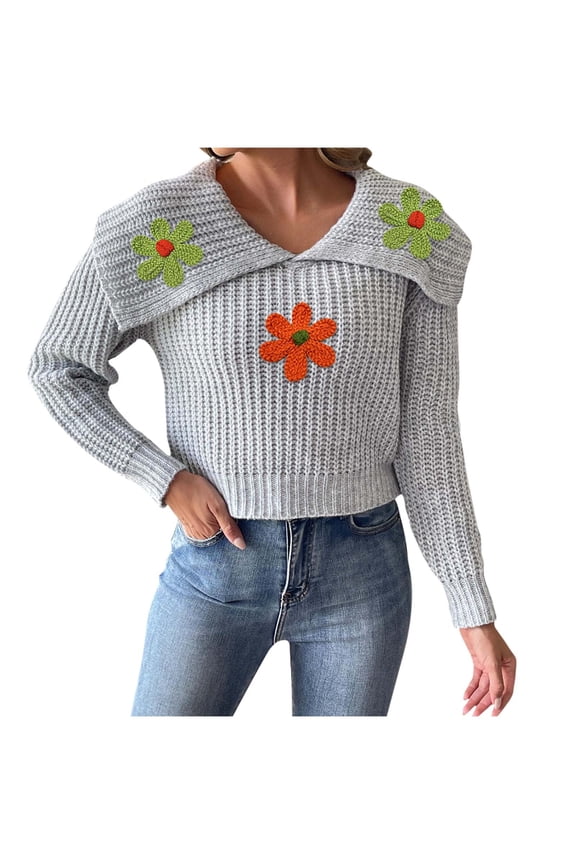 Women's Casual Fashion Turndown Collar Fall and winter Long Sleeve Cute Floral Cropped Sweater Tops Gray XL