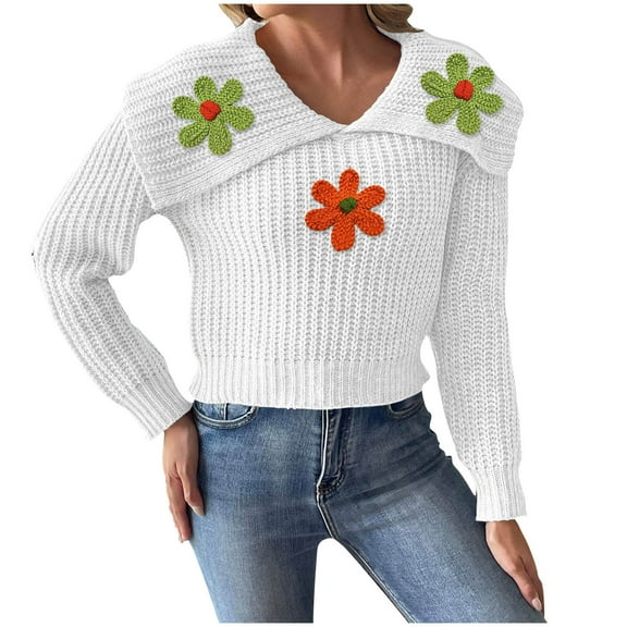 JGGSPWM Women's Casual Fashion Turndown Collar Fall and winter Long Sleeve Cute Floral Cropped Sweater Tops White S