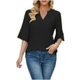 thumbnail image 1 of JGGSPWM Women's Casual Hollow Lace Detailing Lovely Tops Short Sleeve V-Neck Solid Blouse Bell Sleeves Shirts Black M, 1 of 6