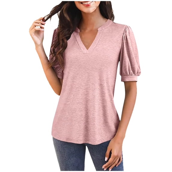 JGGSPWM Women's Casual Loose Fit V-Neck Puff Sleeve Blouse for Summer Dressy Tops Shirts Pink 2XL