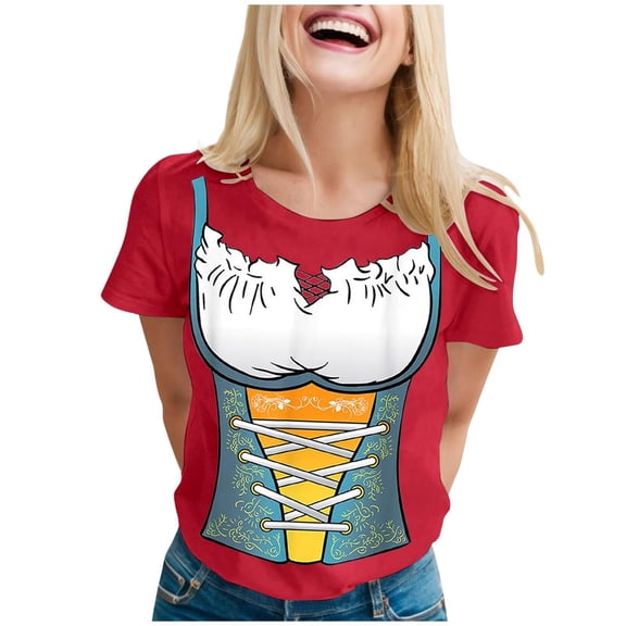 JGGSPWM Women's Casual Loose German Oktoberfest Vintage Short Sleeve Round Neck Funny Graphic Tee Tops Red M
