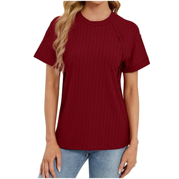 JGGSPWM Women's Casual Short Sleeve Ribbed Knit Crew Neck Soft Splicing T-Shirt Tops Wine S