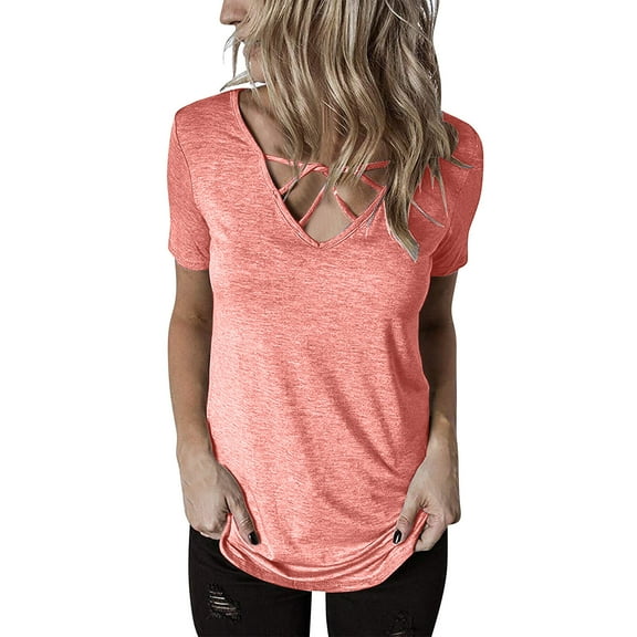 JGGSPWM Women's Casual Short Sleeve V Neck T Shirt Crisscross Front Ladies Loose Solid Color Sleeved Top Pink 2XL
